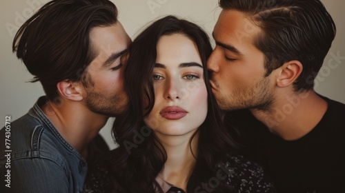 Caucasian brunette woman being kissed by men. Concept of love, affection, romantic relationships, love triangle, intimate moments, and emotional intimacy.