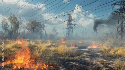 A wide shot of a park glade under power lines, with patches of grass catching fire and smoke billowing into the air.