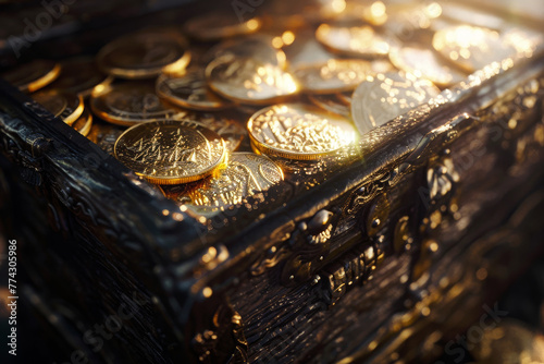 A gold chest full of coins is shown in a close up