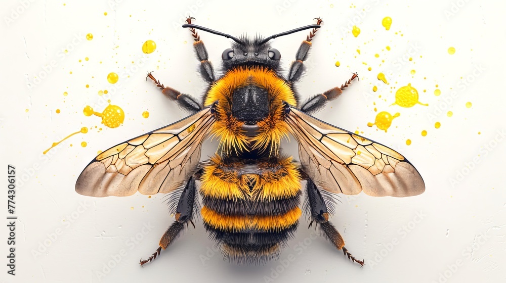 Detailed bee illustration against an abstract paint background. Realistic bee in an artistic composition. Concept of conservation, creativity in nature, and pollinator importance. Digital art - obrazy, fototapety, plakaty 