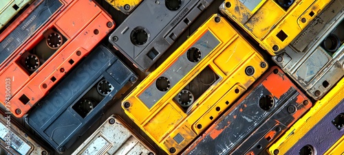 Collection of Retro cassette tapes of vivid hues. Top view. Background. Concept of vintage music, collectible items, the 80s and 90s culture, and the charm of physical media. Banner photo