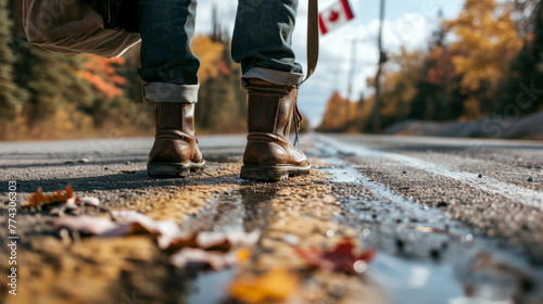 A man wearing boots and carrying a backpack stands on the pavement next to the Canadian flag and the border photo