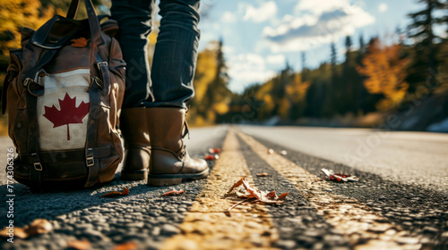 A man wearing boots and carrying a backpack stands on the pavement next to the Canadian flag and the border photo