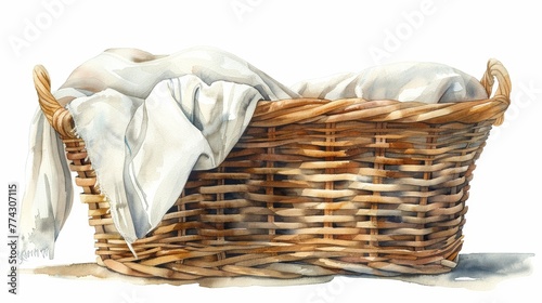 Watercolor Illustration of Wicker Basket with White Clothes Generative AI photo