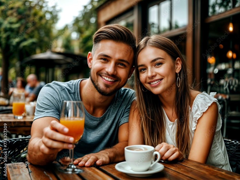 Beautiful young couple in a cafe.Lovers travel Beautiful young couple in a cafe.Lovers travel