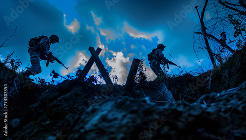 infantry forces military soldiers in uniform with Assault rifles running for attacking enemies. bottom view from trench silhouettes on sunrise sky background. Terrible war battles scene.