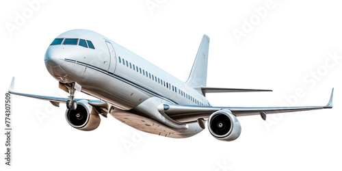 Flying airplane isolated on a white or transparent background. Close-up of a white airplane, side view. Concept of vacation, traveling abroad. Graphic design element.