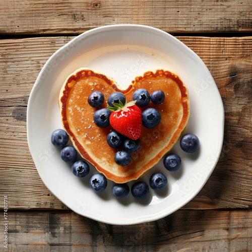 Strawberry & Blueberry Pancake in Shape of Heart on White Plate
