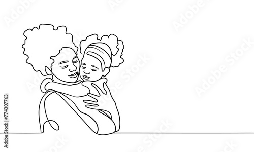 Mother and child continuous line art drawing isolated on white background. Childhood line art drawing. Vector illustration
