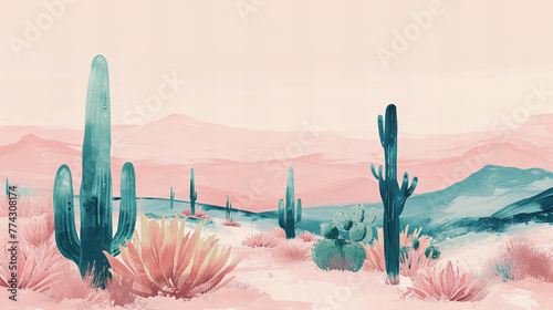 Cactos verdes no deserto, com montanhas ao longe e predominância da cor pêssego pastel photo