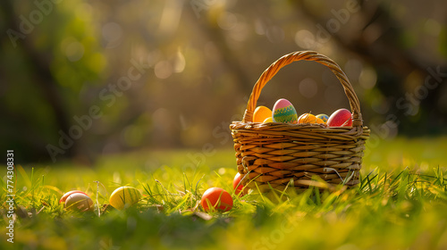 Bright and Cheerful Easter Celebration  Vibrant Colored Eggs Arranged in a Woven Basket Amidst Sunlit Greenery