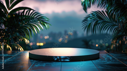 Empty Round Stage with Tropical Plants and City Skyline at Night