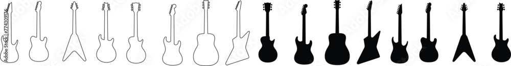 Black flat and line guitars collection electric guitar musical ...