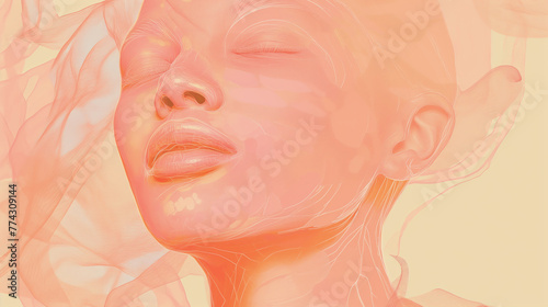 Um rosto feminino com olhos fechados em tons de pêssego pastel, transmitindo um sentimento de serenidade, em uma arte ilustrativa photo