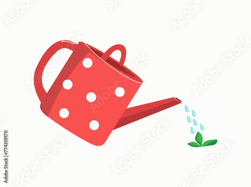 Watering can and drops of water isolated on white background. Watering plants. Colored flat vector illustration. Floristics and gardening, hobbies, outdoor activities. Gardening, agronomy sign.