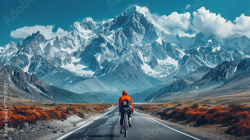 A lone cyclist descending a high alpine road, the rush of wind evident in the motion blur of the foreground, with majestic mountains rising in the distance photo