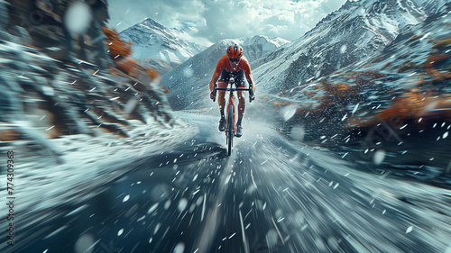 A road cyclist in an aero position speeding down a mountain pass, blurred scenery flying by, emphasizing the feeling of speed and focus