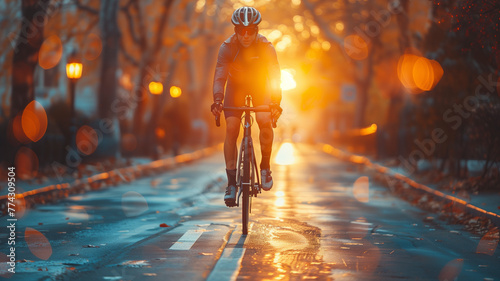 Sunrise cycling adventure, a rider in a streamlined posture speeding across a bridge with the morning sun casting a warm glow