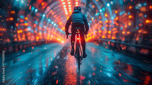 The powerful form of a cyclist cutting through the cool air on a neon-lit bridge, city lights blurred in motion in the background, evoking a feeling of futuristic solitude photo