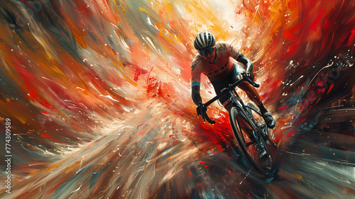 The powerful stance of a cyclist against a backdrop of energetic abstract swirls and splatters in a palette of fiery reds and oranges photo