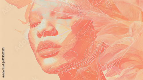Um rosto feminino com olhos fechados em tons de pêssego pastel, transmitindo um sentimento de serenidade, em uma arte ilustrativa photo
