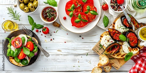 Vegetarian Italian Delights on a White Wooden Table in a Restaurant: Caprese Salad, Eggplant Parmesan, Bruschetta, and Olives. Concept Italian Cuisine, Vegetarian Dishes, Food Photography