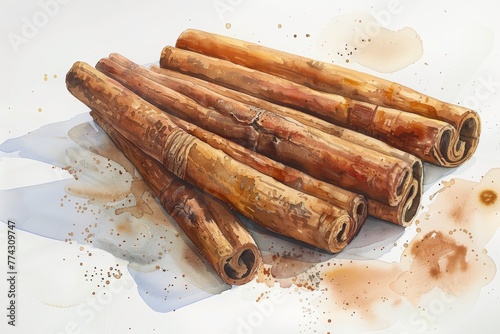 Cinnamon Sticks Illustrated with Watercolor on White Background Generative AI