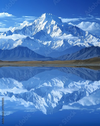 The snowcapped mountains of the Kunlun Mountains, with their peaks towering into the sky and reflecting on the lake water below them, present an endless blue background ©  Green Creator