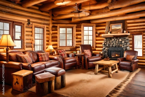 American rancher log cabin lounge interior With copyspace for text.