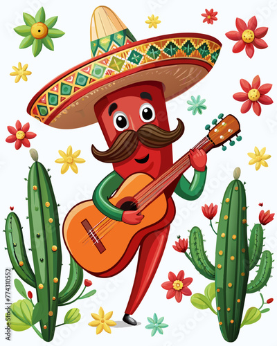 cinco de mayo graphic with red pepper playing guitar