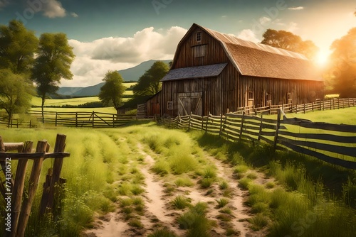 Farm background with barn and wooden fence. Rural landscape farmyard illustration. Summer outdoor backdrop. photo