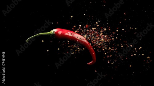 Red hot pepper. Spicy spices on a black background. View from above.