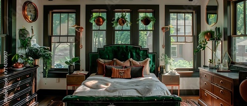 Traditional classic old bedroom interior design with dark green quartz, copper color theme, dark hardwood floors, green plants. Bedroom of a luxury house. photo
