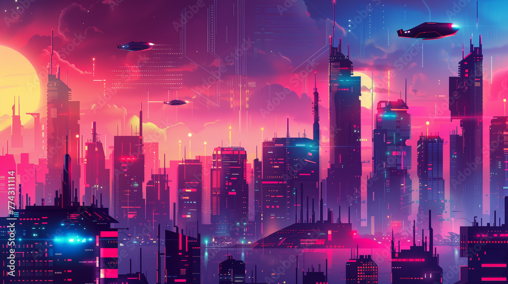 Vector art illustration of a futuristic city, high-tech buildings and flying transport, neon lights and digital infrastructure