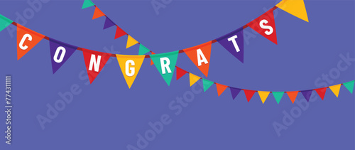 Congrats illustration with big white letters on flag garland on blue