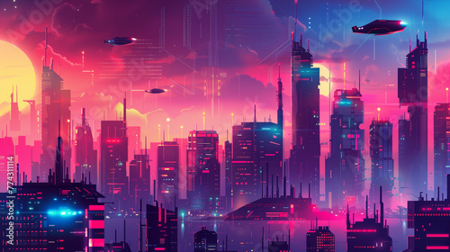 Vector art illustration of a futuristic city, high-tech buildings and flying transport, neon lights and digital infrastructure