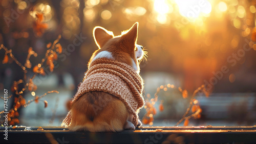 A serene scene of a Corgi watching a sunset, wearing a soft, knitted birthday scarf, with the warm evening light casting a golden glow.