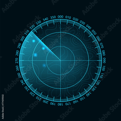 Futuristic HUD vector radar. A military search engine. Digital blue search radar.