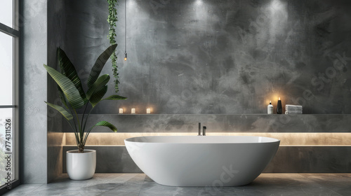 Modern minimalist bathroom interior with green plants, window and grey concrete walls in tropical resort. Theme of bath room design, luxury, background