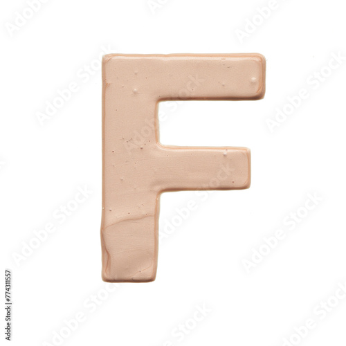 The capital letter F is created with a light beige tonal base or acrylic paint on a white background.