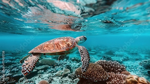 Under water sea turtles. Sea turtle under water in scuba diving scene