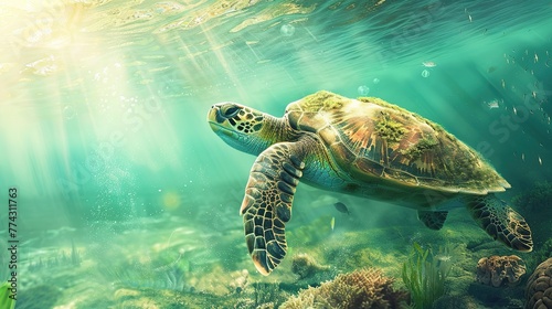 Under water sea turtles. Sea turtle under water in scuba diving scene photo
