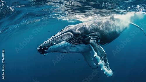 Baby Humpback Whale Plays Near the Surface in Blue Water