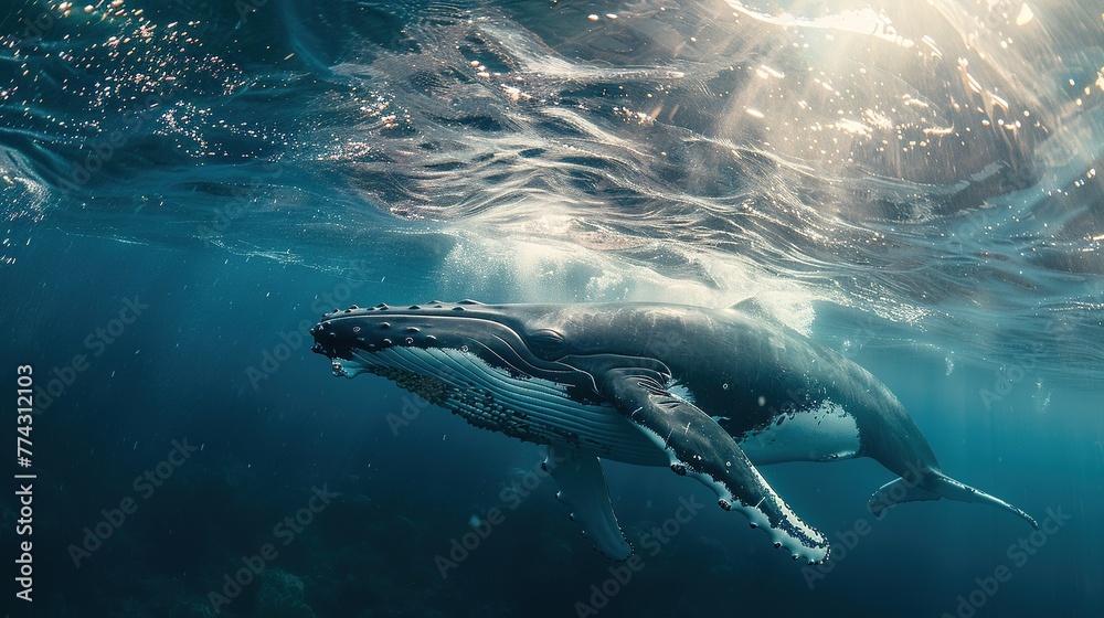 Baby Humpback Whale Plays Near the Surface in Blue Water