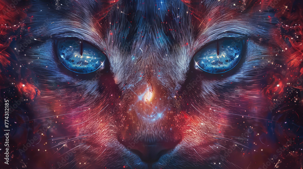Naklejka premium Cosmic Cat with Blue Eyes and Galaxy Design