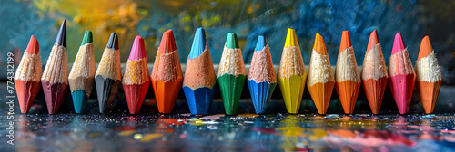 Colorful sharpened tip wooden pencils in a row,
Colored pencils background
 photo