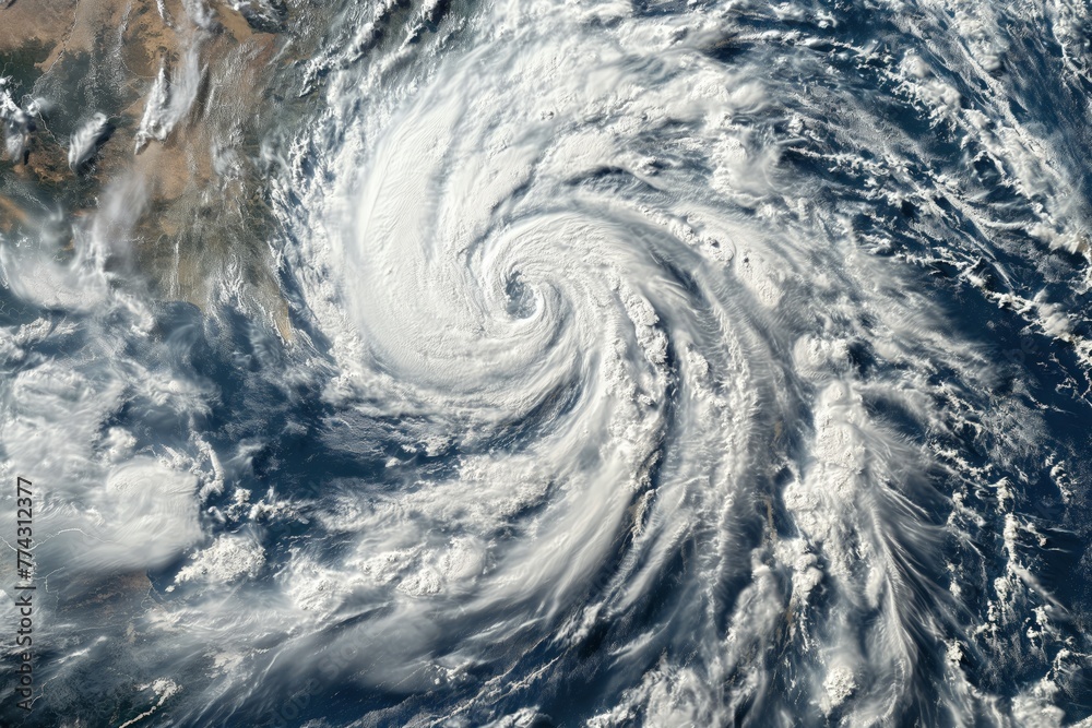 Aerial view of a massive cyclone formation over the ocean, showing swirling clouds.