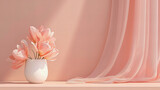 Vaso branco com flores rosa bebê, em um fundo neutro com cortinas em tons de pêssego pastel
