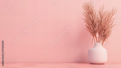 Vaso com folhas de trigo em fundo neutro em tom de pêssego pastel photo