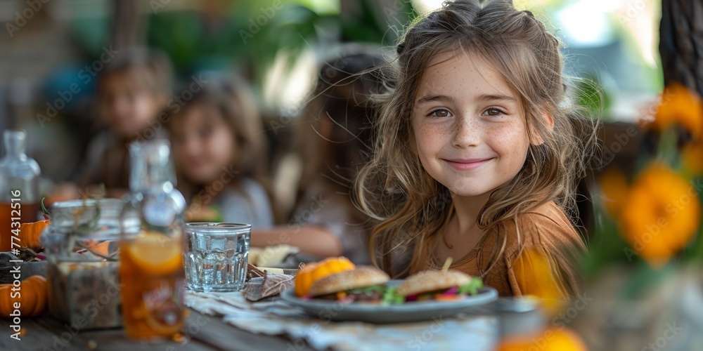 Elementary friends enjoy a lovely lunch of burgers together indoors, smiling and cheerful. Elementary friends enjoy a lovely lunch of burgers together indoors, smiling and cheerful.